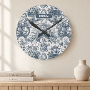 Vintage Blumen Blau toile de jouy Monogramm Runde Wanduhr