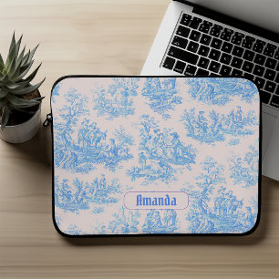 Vintage Blumen Blau Türkis Toile Jouy Monogramm Laptopschutzhülle