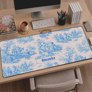 Vintage Blumen Blau Türkis Toile Jouy Monogramm Schreibtischunterlage