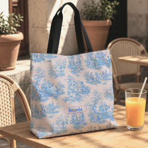 Vintage Blumen blauer Türkis Toile Jouy Monogramm