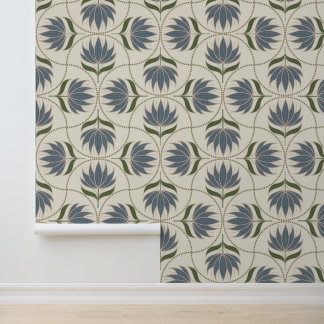 Vintage-Blumen-Blockdruck mit Muschelrand in Blau  Tapete