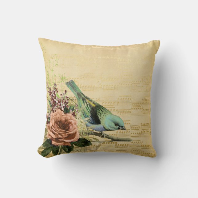 Vintage Blumen Blue Song Bird Gold Musiknoten Kissen (Vorderseite)