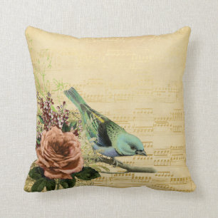 Vintage Blumen Blue Song Bird Gold Musiknoten Kissen
