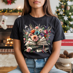 Vintage-Blumen-Buchstapel-Illustration T-Shirt
