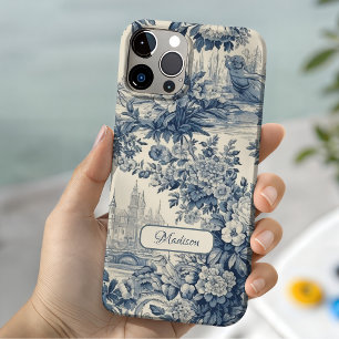Vintage Blumen Chic Blaue Toile de Jouy Monogramm Case-Mate iPhone 14 Hülle