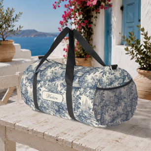 Vintage Blumen Chic Blaue Toile de Jouy Monogramm Duffle Bag