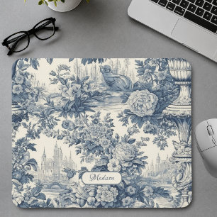 Vintage Blumen Chic Blaue Toile de Jouy Monogramm Mousepad