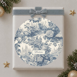 Vintage Blumen Chic Blaue Toile de Jouy Monogramm Runder Aufkleber