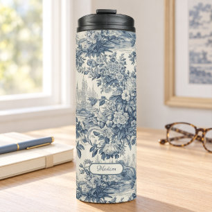 Vintage Blumen Chic Blaue Toile de Jouy Monogramm Thermosbecher