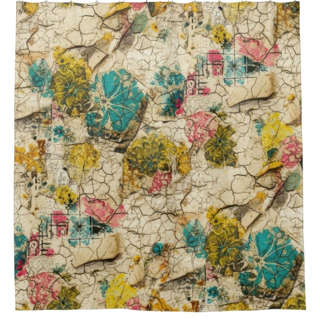 Vintage Blumen-Collage mit gealterter Papierstrukt Duschvorhang (Vorderseite)
