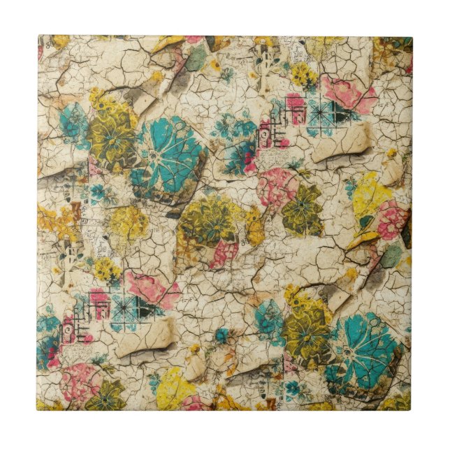 Vintage Blumen-Collage mit gealterter Papiertextur Fliese (Vorderseite)