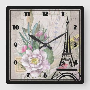 Vintage Blumen Collage und Eiffel-Turm-Zeichnen Quadratische Wanduhr