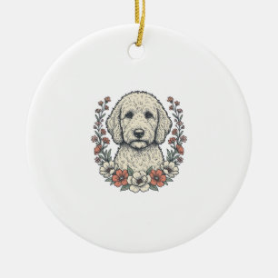 Vintage-Blumen-Curly-Hund-Porträt-T-Shirt-Design_1 Keramik Ornament