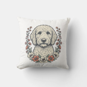 Vintage-Blumen-Curly-Hund-Porträt-T-Shirt-Design_1 Kissen