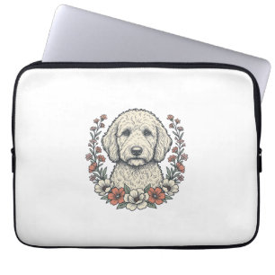 Vintage-Blumen-Curly-Hund-Porträt-T-Shirt-Design_1 Laptopschutzhülle