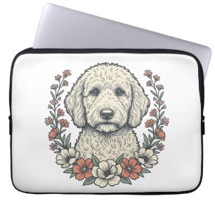 Vintage-Blumen-Curly-Hund-Porträt-T-Shirt-Design_1 Laptopschutzhülle