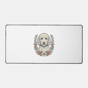 Vintage-Blumen-Curly-Hund-Porträt-T-Shirt-Design_1 Schreibtischunterlage