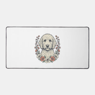 Vintage-Blumen-Curly-Hund-Porträt-T-Shirt-Design_1 Schreibtischunterlage