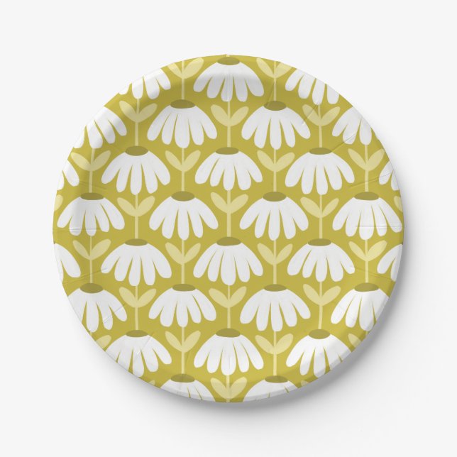 Vintage-Blumen-Daisy-Muster Oliv-/Senfgrau Pappteller (Vorderseite)