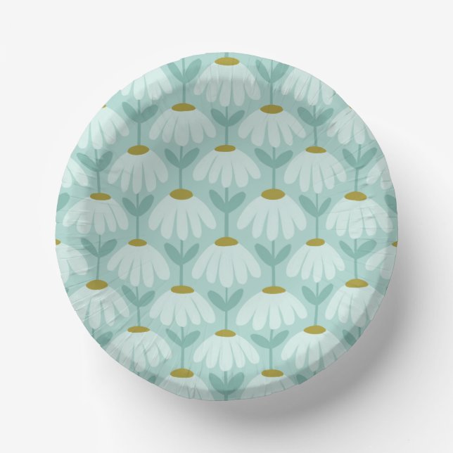 Vintage-Blumen-Daisy-Muster Teal Blau & Oliv Pappteller (Vorderseite)