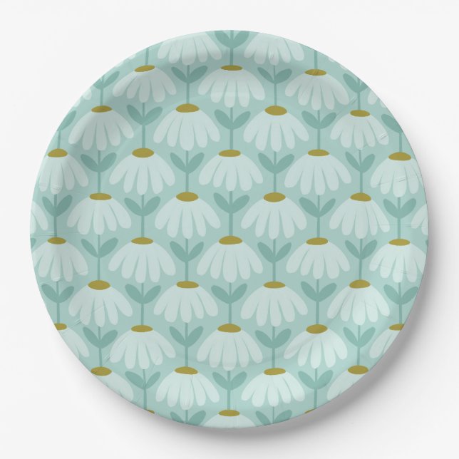 Vintage-Blumen-Daisy-Muster Teal Blau & Olive Pappteller (Vorderseite)