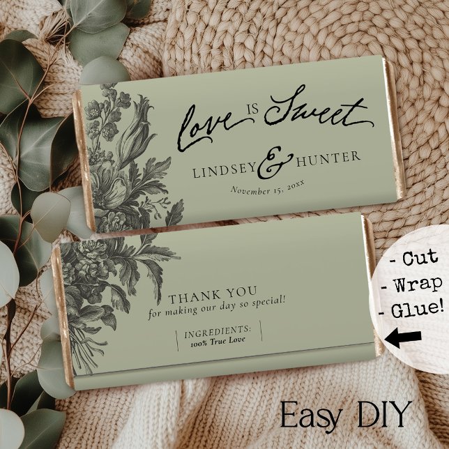 Vintage-Blumen-DIY-Schokoladenriegel-Einwickler al (Easy DIY sage green elegant vintage floral Love is Sweet monogram chocolate bar favor paper wrappers)