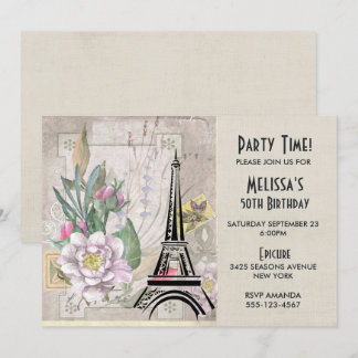 Vintage Blumen, Eiffelturm und Jute-Geburtstag Einladung