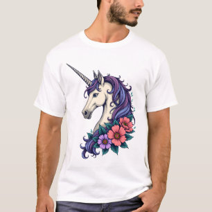 Vintage-Blumen-Einhorn-Porträt psychedelische Fant T-Shirt