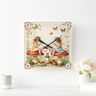 Vintage-Blumen-Feengarten zum Picknick Quadratische Wanduhr