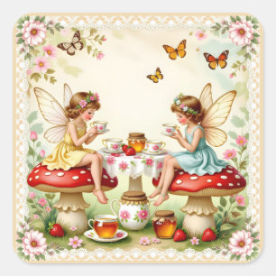 Vintage-Blumen-Feengarten zum Picknick Quadratischer Aufkleber