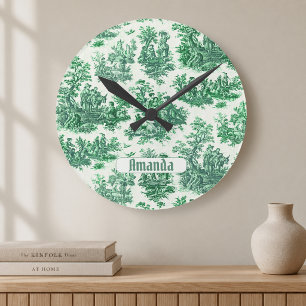 Vintage Blumen Grün Toile Jouy Monogramm Runde Wanduhr