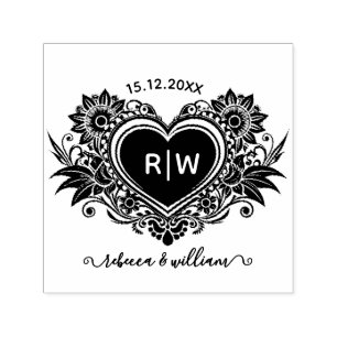 Vintage-Blumen-Herz-Monogramm Heiratsdatum  Permastempel