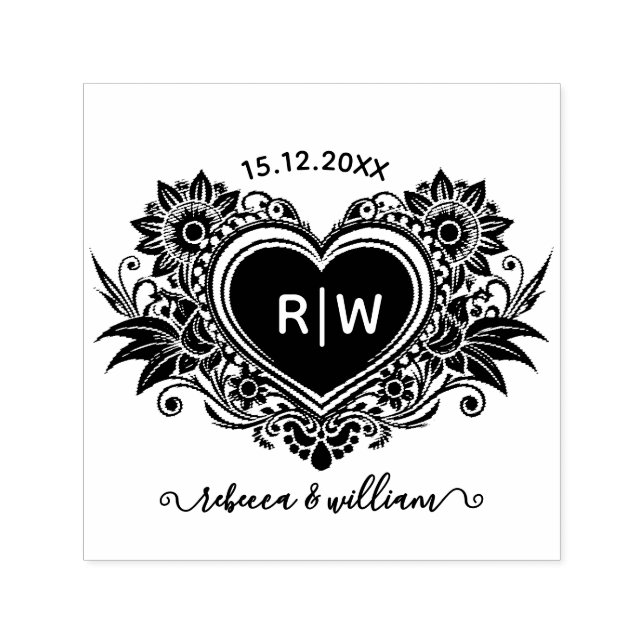 Vintage-Blumen-Herz-Monogramm Heiratsdatum  Permastempel (Design)