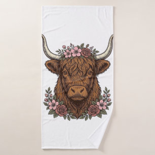 Vintage-Blumen-Hochlandkuh-Vektor-Shirt-Design_1 Badehandtuch
