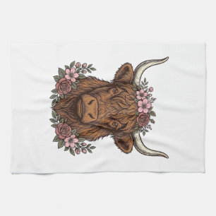 Vintage-Blumen-Hochlandkuh-Vektor-Shirt-Design_1 Geschirrtuch