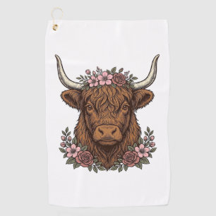 Vintage-Blumen-Hochlandkuh-Vektor-Shirt-Design_1 Golfhandtuch