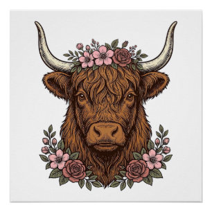 Vintage-Blumen-Hochlandkuh-Vektor-Shirt-Design_1 Poster