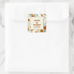 Vintage-Blumen-Hochzeit im Retro-Stil der 70er Jah Quadratischer Aufkleber