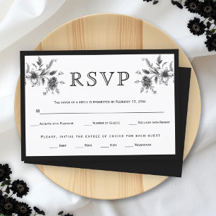 Vintage Blumen-Hochzeit in Schwarz-Weiß RSVP Karte