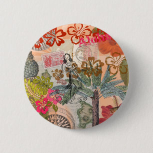 Vintage Blumen Hula Farbige Hawaiianische Tropen Button
