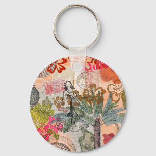 Vintage Blumen Hula Farbige Hawaiianische Tropen  Schlüsselanhänger
