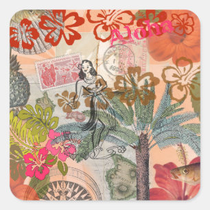 Vintage Blumen Hula Farbige Hawaiianische Tropisch Quadratischer Aufkleber