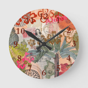 Vintage Blumen Hula Farbige Hawaiianische Tropisch Runde Wanduhr