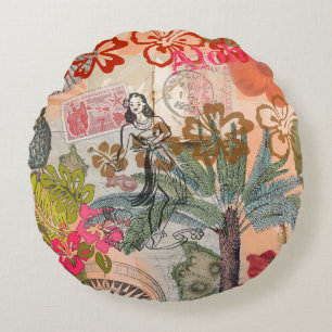 Vintage Blumen Hula Farbige Hawaiianische Tropisch Rundes Kissen