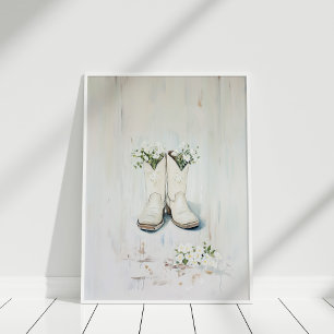 Vintage-Blumen-Illustration weißer Cowgirl-Stiefel Poster