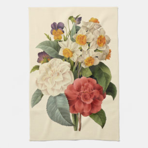Vintage Blumen, Kamelien und Narzissen, Redoute Geschirrtuch