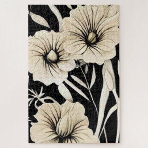Vintage-Blumen-Kunst in Schwarz und Beige Puzzle