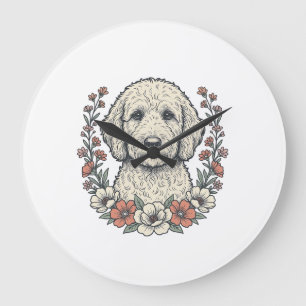 Vintage-Blumen-Lockenhund-Porträt-T-Shirt-Design_1 Große Wanduhr