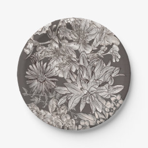 Vintage Blumen Modern Elfenbein & Grau Rustikale H Pappteller