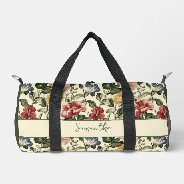 Vintage-Blumen-Monogramm-Name Duffle Bag (Vorderseite)